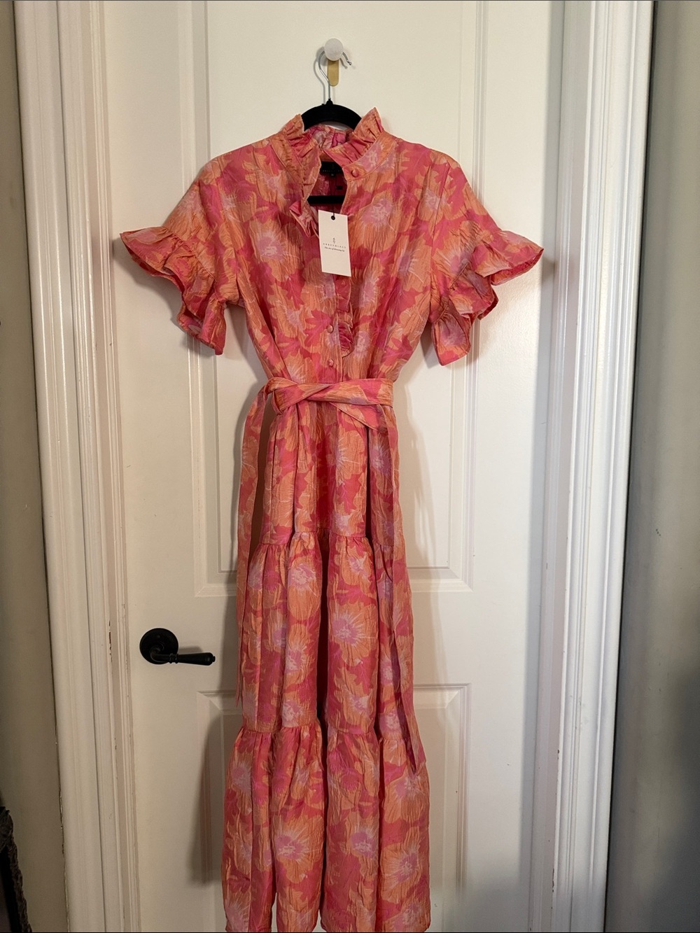 Abbey Glass Women's Pink Floral Tiered Maxi Dress with Belt